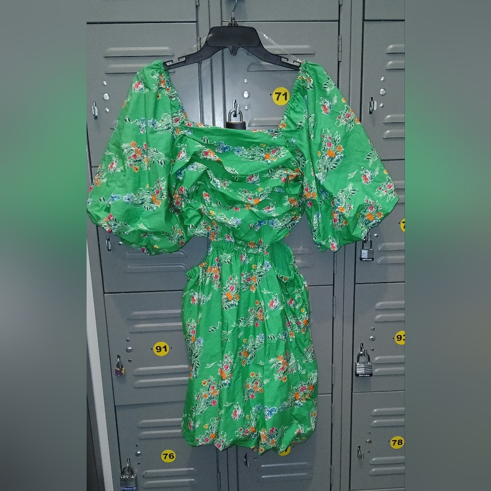 A New Day Puff Short Sleeve Cut Out Bubble A-Line Dress Green Floral SZ M - Picture 3 of 5
